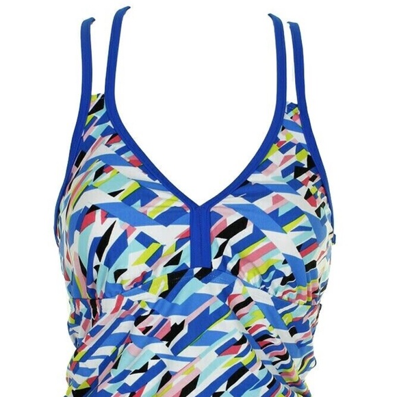 (NWT) GO by Gossip Crossed Signals Printed Racerback Tankini Royal Blue Multi S - Picture 2 of 7